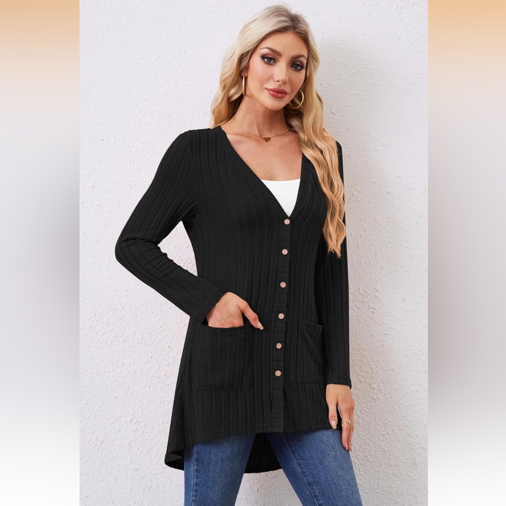 NWT 🖤 OVERSIZED LONG BLACK LIGHTWEIGHT KNIT CARDIGAN SWEATER Women’s XL 20/22 - Picture 2 of 12
